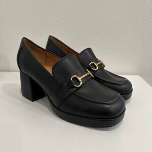Nine West Tamsey3 Black Chunky Loafers Heels Size 10M USA Casual Preppy Classic